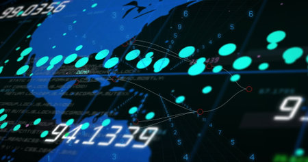 Stylized world map displaying data points and connecting lines in interface, with code fragments....