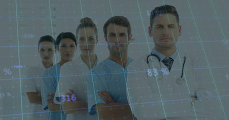 Standing five healthcare professionals crossing arms in digital medical lab, with grid overlay....