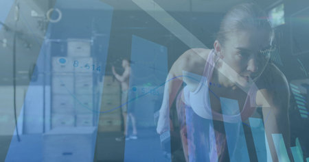 Lifting dumbbells woman performing bent-over row in fitness gym, with plyo boxes and chart overlays....