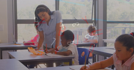 Leaning female teacher offering one-on-one assistance in classroom, with headphones and notebooks....