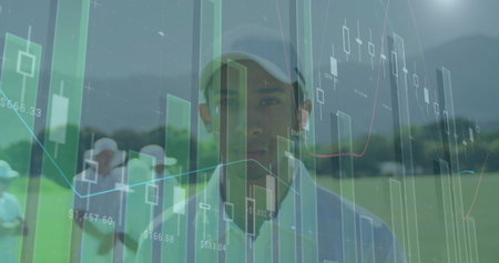 Standing golfer wearing light cap and polo shirt on fairway. Athletic, professionalism, strategy,...