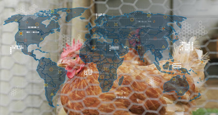 Brown hen standing behind hexagonal mesh fencing in chicken coop, with digital world map overlay....