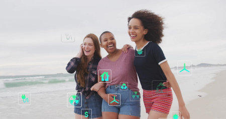 Walking group of three friends along sandy shore linked arms and laughing, with floating eco icons....