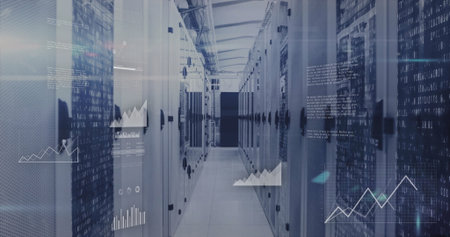 Showing server rack aisle running through data center, with blinking LEDs and digital overlays....