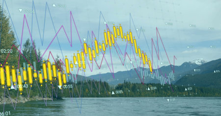 Digital data overlay appearing in lake and mountain, with yellow bars, line graphs, time labels....