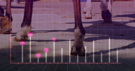Hooves moving on sandy track with hoof prints, 3D grid, red line, white spikes, magenta markers....
