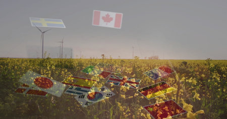 Floating national flags drifting above canola field, with wind turbines and solar support....