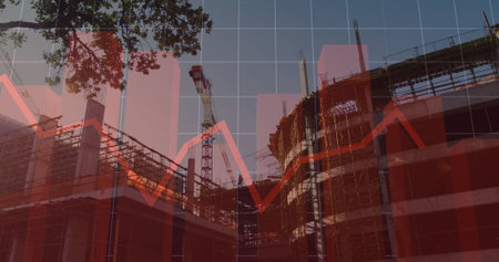 Rising concrete structure at construction site, with scaffolding, tower crane and red data charts....