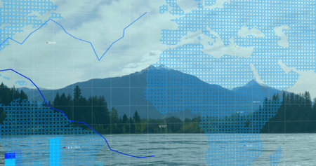 Mountain lake landscape presenting digital interface in valley, with grid overlay, map and charts. Nature, landscape, data visualization, technology, serenity, analytics, environmentの写真素材