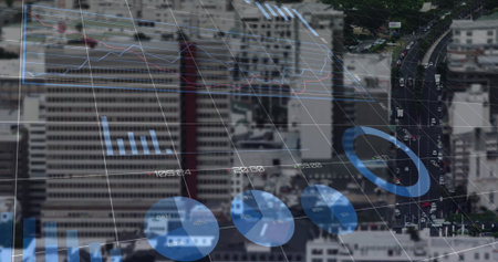 Grid overlay floating over high-rise skyline and roadway, showing line graph, bar and pie charts....