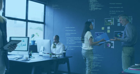 healthcare team sharing files in lounge, grid appearing animating metrics charts showing analytics