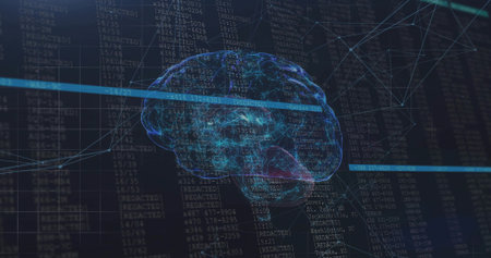 Floating 3D brain hologram pulsing in dark code field showing highlighted data bars, network nodes....