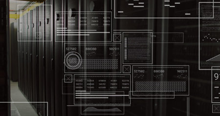 Black server racks standing along left data center aisle, with digital UI overlays, copy space....