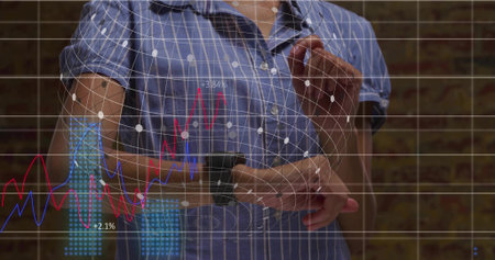 Monitoring woman in striped shirt checking fitness tracker on wrist by brick wall, with AR overlays....