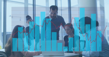 Team members in suits analyzing data on laptop in conference room, with digital graphs overlay....