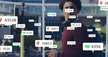 Student standing with smartphone, backpack and headphones on sidewalk, with notification icons....