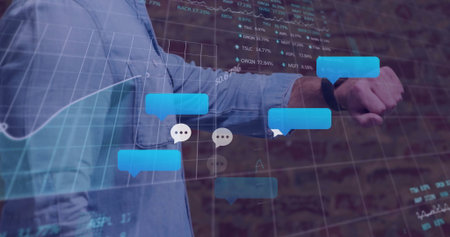Interacting office worker controlling smartwatch in office with chat icons and stock chart overlays....