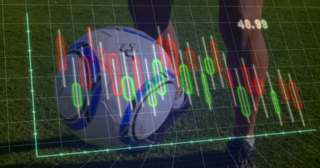 Foot in black cleat and knee-high sock pressing ball on pitch, with 3D grid. Athletic performance,...