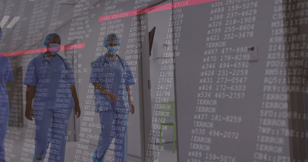 Walking medical team wearing surgical caps and stethoscopes in hospital corridor, glitch overlay....