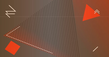 Showing translucent striped triangle over digital gradient with red shapes, white lines and arrows....