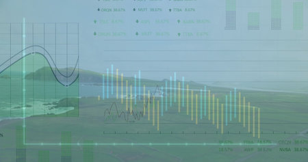 Displaying line charts and bar charts over coastal hillside, with grid overlays and data points....