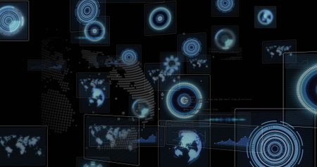 Displaying holographic screens floating in analytics interface, with world maps and HUD elements....