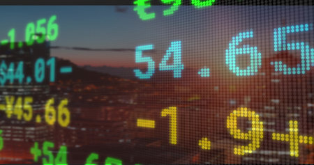 Displaying digital ticker overlaying skyline at dusk, with pixelated numbers and currency symbols. Futuristic, technology, cityscape, financial, data visualization, vibrant, urbanの写真素材