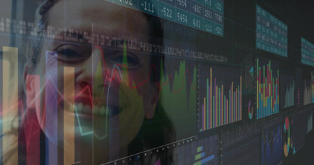 Smiling professional woman analyzing financial data on digital dashboard in workspace, copy space....