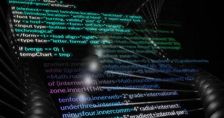 Displaying JavaScript and HTML code overlay on engine wall, with metal coils and spherical lights....