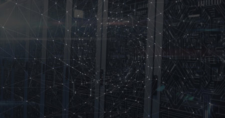 Showing server racks glowing with status indicator LEDs in dark server room, with network overlay....