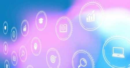 Floating white laptop icon moving across gradient space, with business tech icons, copy space. Technology, innovation, digital, communication, education, data, networkingの写真素材