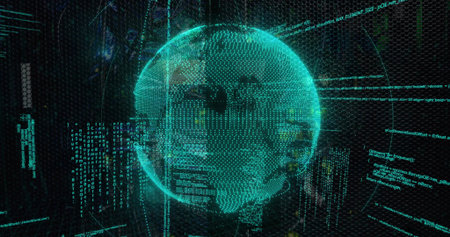 Floating holographic globe rotating in virtual data interface, with code streams and data lines. Futuristic, digital, technology, data visualization, virtual reality, cyber, immersiveの写真素材