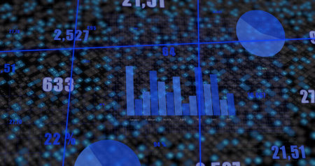 Showing vertical bar chart plotting monthly data on 3D screen with blue grid and circular charts. Data, visualization, infographics, technology, analytics, digital, futuristicの写真素材