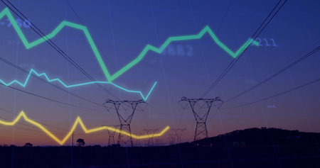 Showing central pylon carrying high-voltage lines across dusk field, overlaying neon data charts. Industrial, infrastructure, technology, energy, data, digital, innovationの写真素材