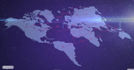 Displaying glowing purple world map floating in digital space, with red nodes and circuits....