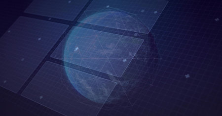 Displaying wireframe globe floating over virtual data interface grid, featuring panels and markers....