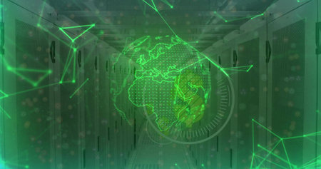 Projecting holographic globe floating above server racks in datacenter aisle, with network lines....