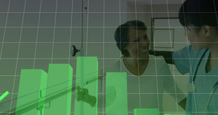 Nurse in scrubs supporting patient walking on parallel bars in therapy room, with chart overlay. Rehabilitation, physiotherapy, wellness, healthcare, progress, mobility, strengthの写真素材