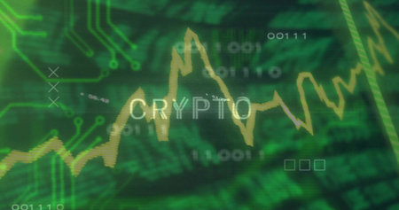 Displaying green crypto dashboard showing yellow line chart, CRYPTO text, binary digits, circuitry. Futuristic, digital, technology, finance, data visualization, cyber, innovationの写真素材