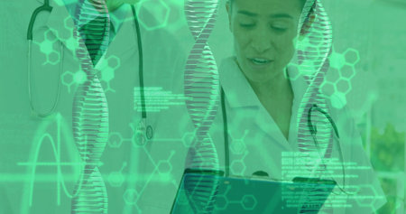 Reviewing clipboard doctor in lab coat and stethoscope in lab with digital DNA graphics, copy space....