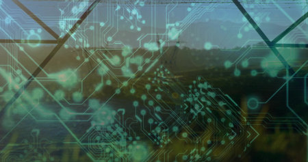 Displaying cyan-green circuit traces and nodes over calm lake at sunrise, with diagonal grid lines....