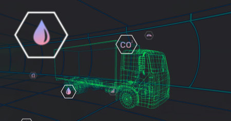 Navigating green wireframe semi-truck through virtual grid corridor, with hex droplet and COâ icons. Futuristic, digital, technology, simulation, environmental, transportation, eco-friendlyの写真素材