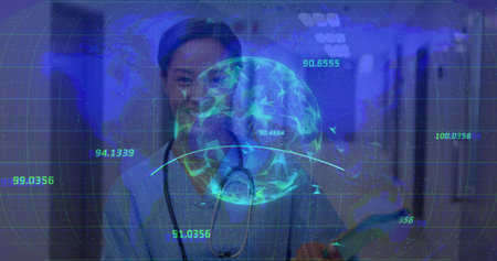 Standing nurse in scrubs analyzing holographic globe in hospital hall, with stethoscope tablet. Medical, healthcare, innovation, technology, diagnostics, professionalism, futuristicの写真素材