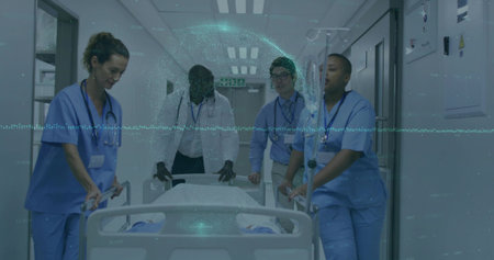 Team in scrubs and lab coat moving hospital bed in clinical corridor, with holographic data overlay....