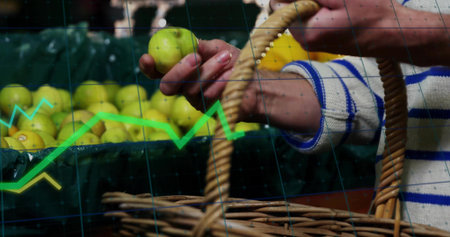 Sweater-clad man placing green apples from bin into basket in market with grid, line graph overlay....