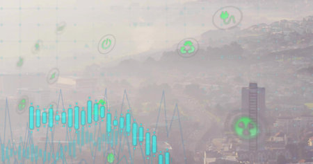 Displaying digital graph overlay on hazy city valley, with line graph bar plot and energy icons. Urban, analytics, technology, sustainability, futurism, density, ecoの写真素材