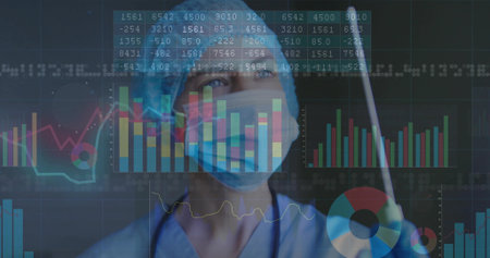 Analyzing floating data charts, nurse wearing scrubs gripping IV bag pole in clinical workspace. Medical, technology, professional, futuristic, healthcare, analytics, diagnosticsの写真素材