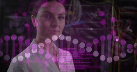 Analyzing IT specialist in white blouse inspecting DNA helix overlays among server racks and cables. Technology, cybersecurity, data, innovation, digital, futuristic, professionalの写真素材