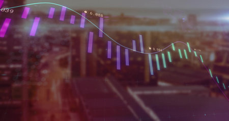 Overlaying graph displaying purple blue bars teal-green trend and circular numeric labels over city. Data analytics, urban technology, business intelligence, modern design, financial growthの写真素材