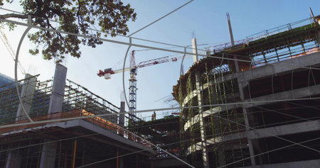 Standing construction worker in hardhat, vest surveying building at building site, with tower crane....